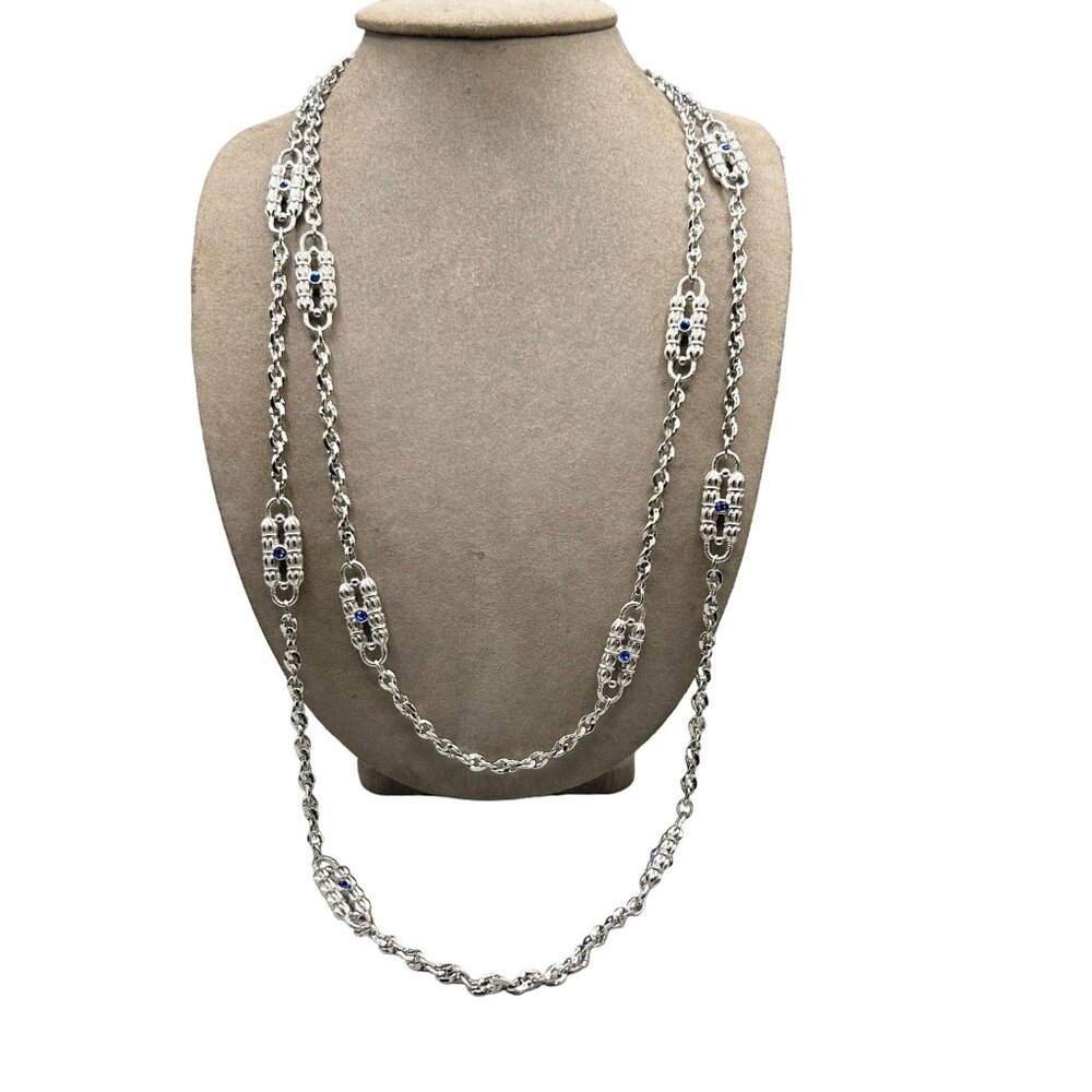 JBK Silver Paperclip Necklace with Blue Rhinestones Jacqueline Bouvier Kennedy